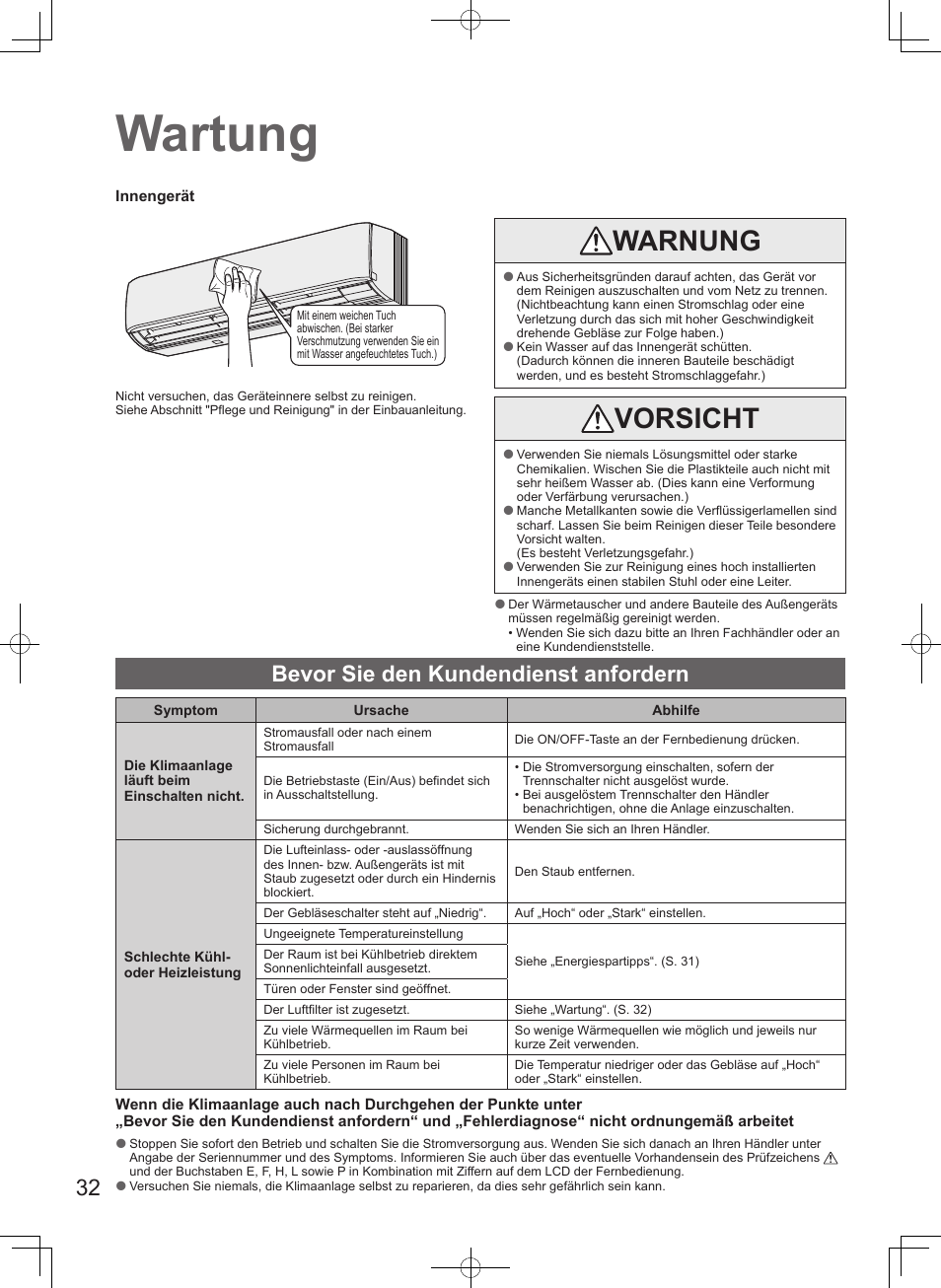 Wartung, Warnung, Vorsicht | Bevor sie den kundendienst anfordern | Panasonic S45MK1E5A User Manual | Page 32 / 102