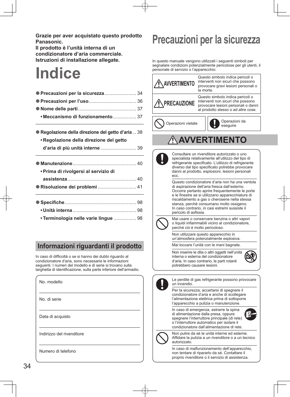 Indice, Precauzioni per la sicurezza, Informazioni riguardanti il prodotto | Avvertimento, Precauzione | Panasonic S45MK1E5A User Manual | Page 34 / 102