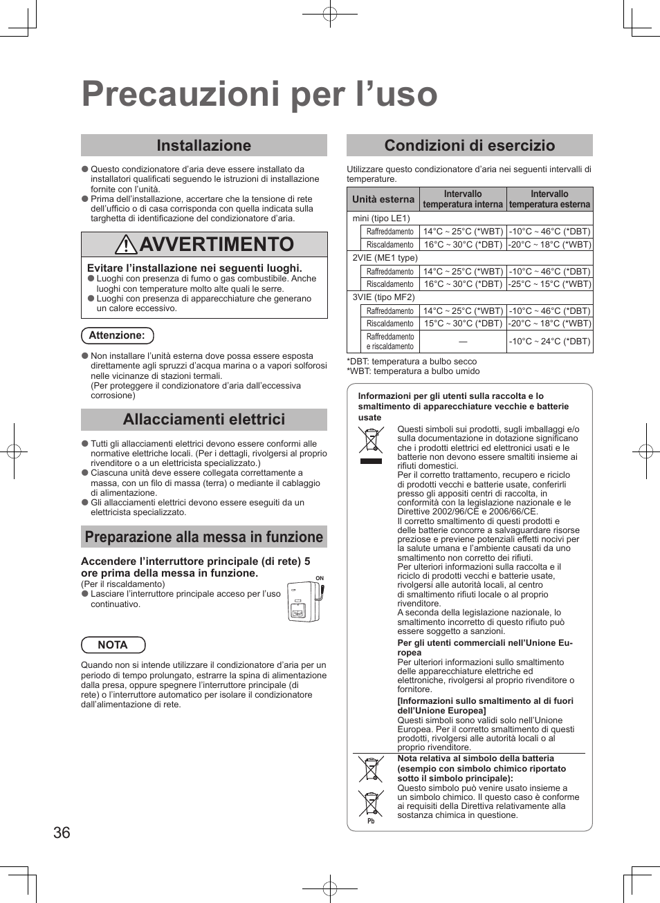 Precauzioni per l’uso, Avvertimento, Installazione | Allacciamenti elettrici, Preparazione alla messa in funzione, Condizioni di esercizio | Panasonic S45MK1E5A User Manual | Page 36 / 102