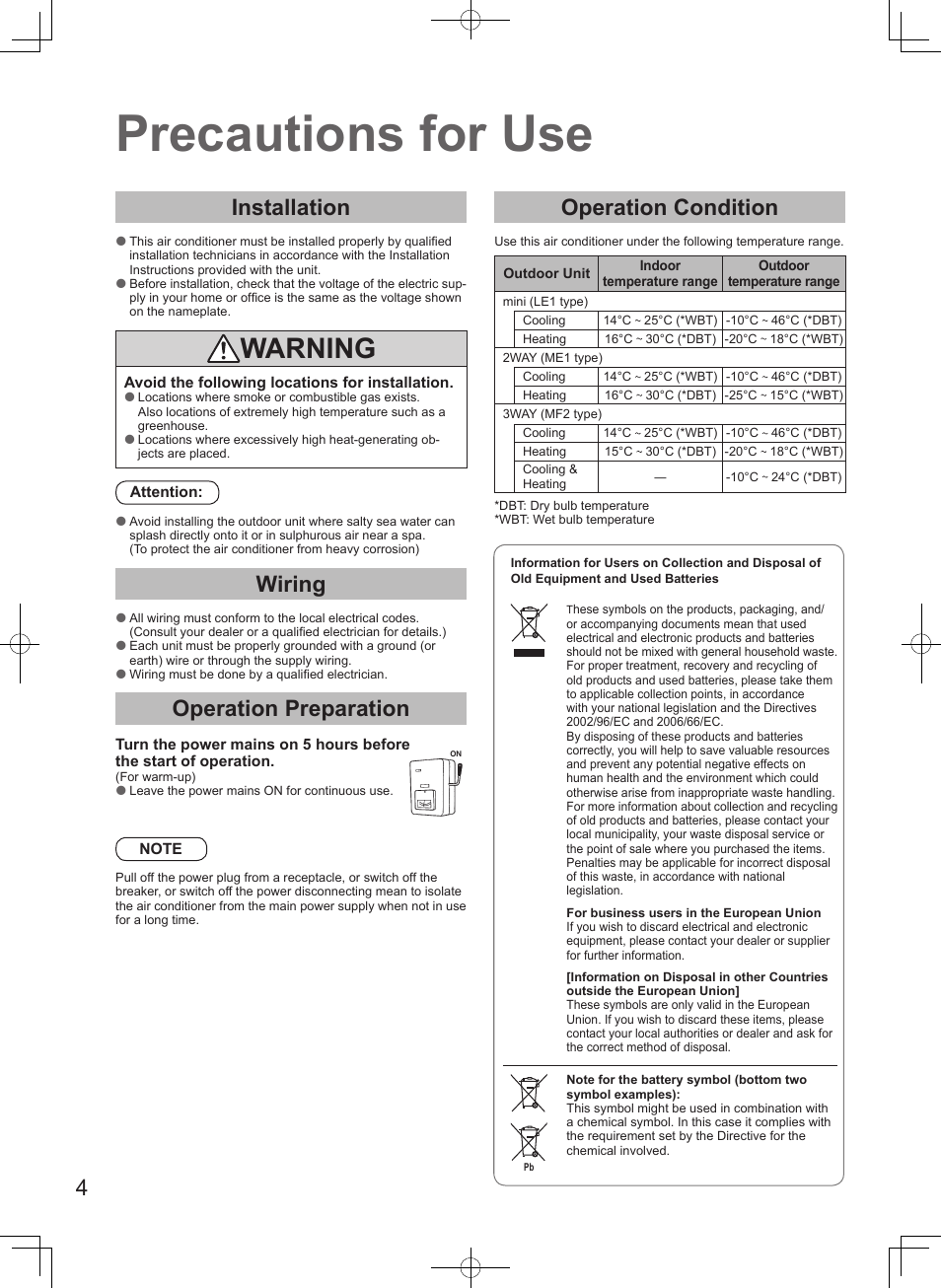 Precautions for use, Warning, Installation | Wiring, Operation preparation, Operation condition | Panasonic S45MK1E5A User Manual | Page 4 / 102