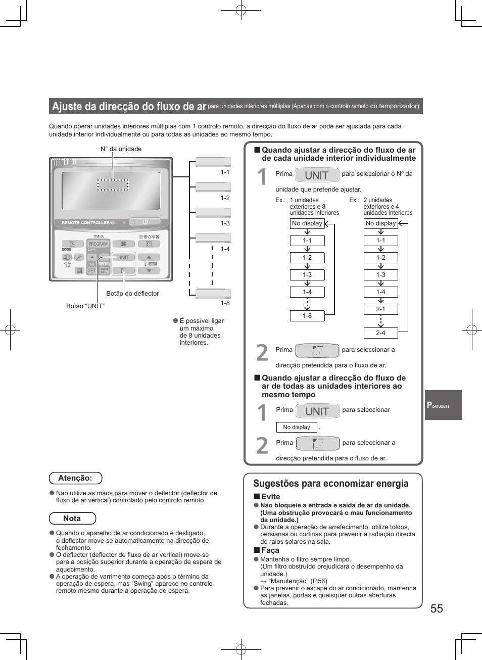 Ajuste da direcção do fl uxo de ar, Sugestões para economizar energia | Panasonic S45MK1E5A User Manual | Page 55 / 102