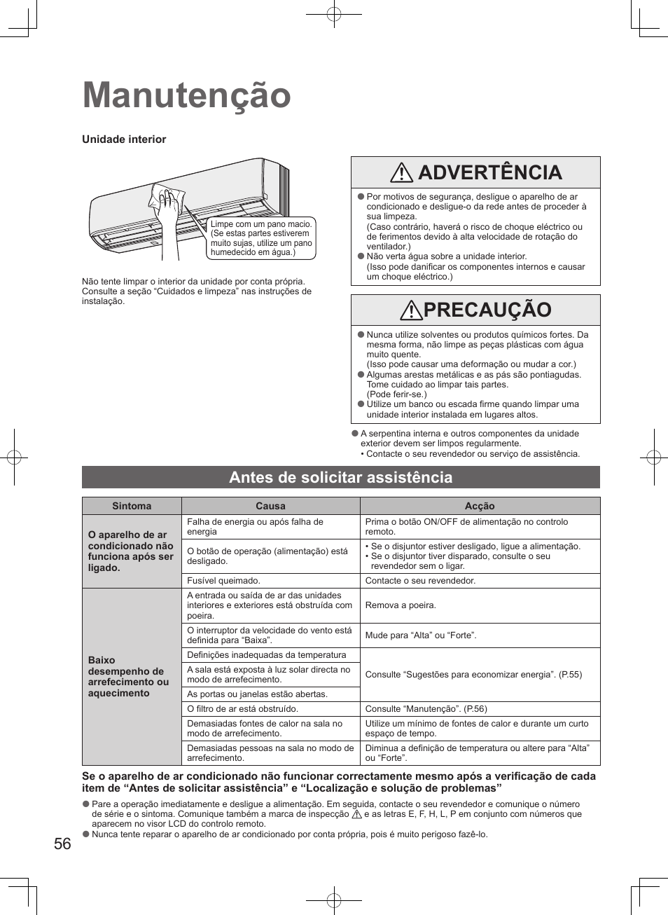 Manutenção, Advertência, Precaução | Antes de solicitar assistência | Panasonic S45MK1E5A User Manual | Page 56 / 102