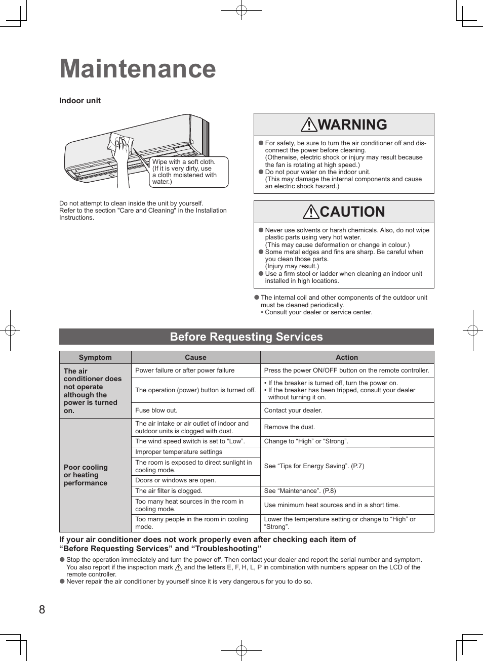 Maintenance, Warning, Caution | Before requesting services | Panasonic S45MK1E5A User Manual | Page 8 / 102