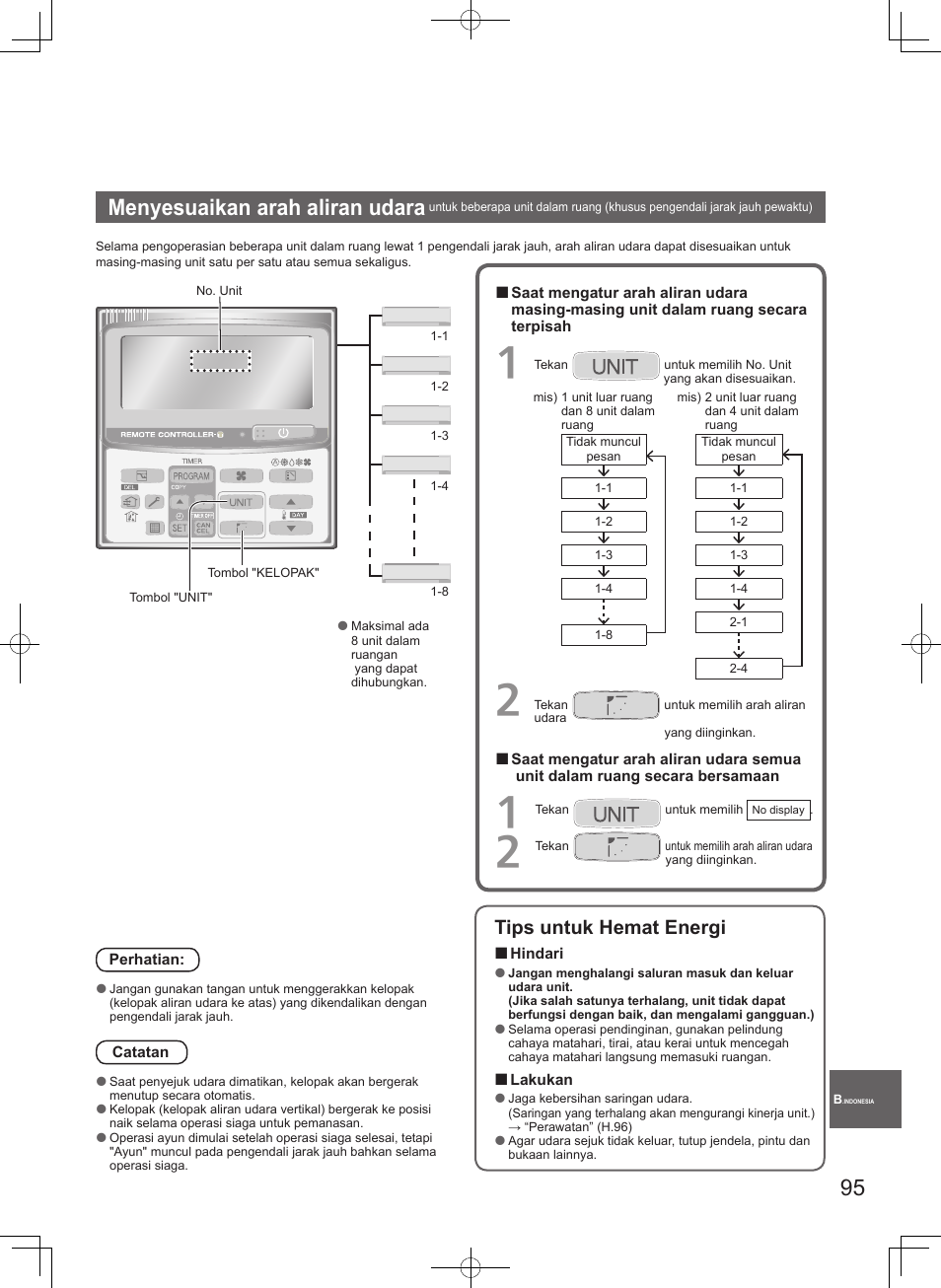 Menyesuaikan arah aliran udara, Tips untuk hemat energi | Panasonic S45MK1E5A User Manual | Page 95 / 102