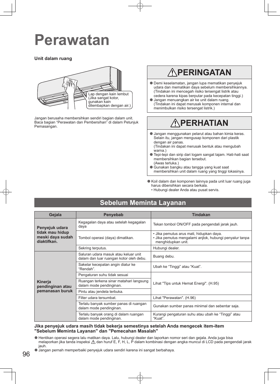 Perawatan, Peringatan, Perhatian | Sebelum meminta layanan | Panasonic S45MK1E5A User Manual | Page 96 / 102