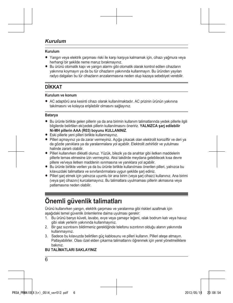 Önemli güvenlik talimatları | Panasonic KXPRSA10EX User Manual | Page 102 / 116