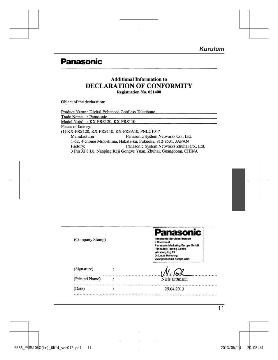 11 kurulum | Panasonic KXPRSA10EX User Manual | Page 107 / 116