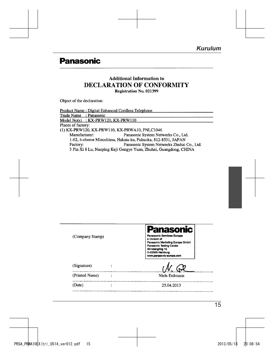 15 kurulum | Panasonic KXPRSA10EX User Manual | Page 111 / 116