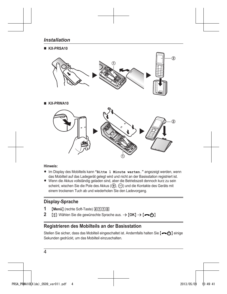 Display-sprache 1, Registrieren des mobilteils an der basisstation, 4installation | Panasonic KXPRSA10EX User Manual | Page 12 / 116