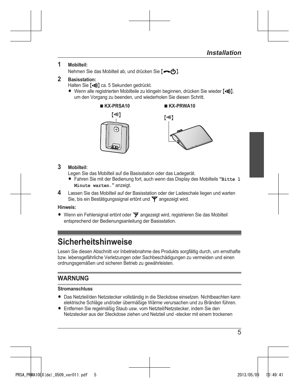 Sicherheitshinweise | Panasonic KXPRSA10EX User Manual | Page 13 / 116