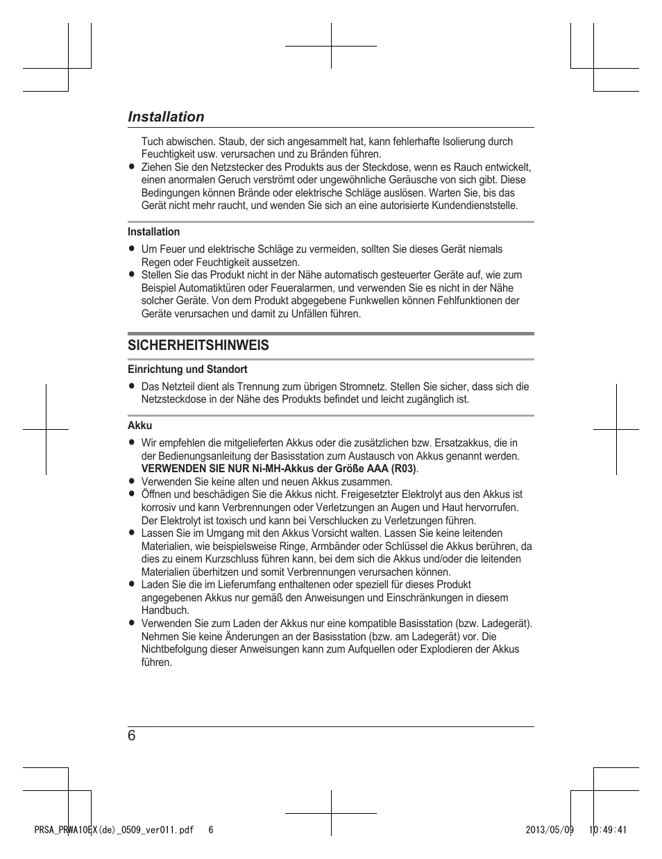 Sicherheitshinweis, 6installation | Panasonic KXPRSA10EX User Manual | Page 14 / 116