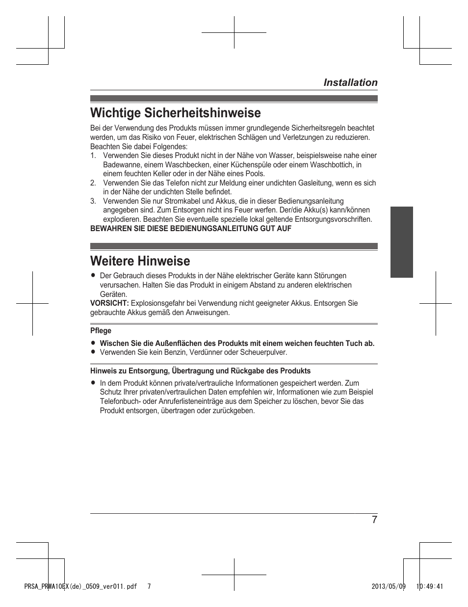 Wichtige sicherheitshinweise, Weitere hinweise | Panasonic KXPRSA10EX User Manual | Page 15 / 116