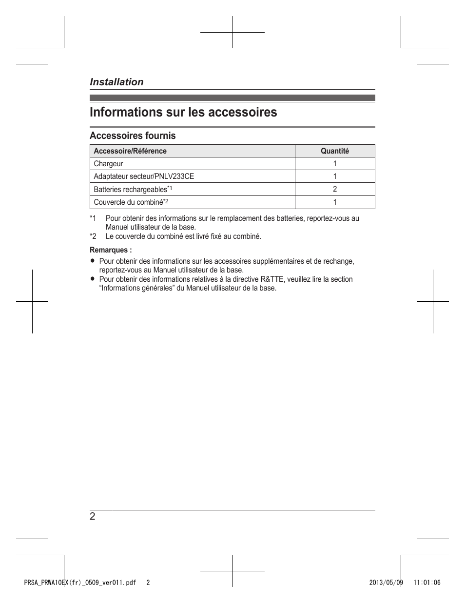 Installation, Informations sur les accessoires, Accessoires fournis | 2installation | Panasonic KXPRSA10EX User Manual | Page 18 / 116