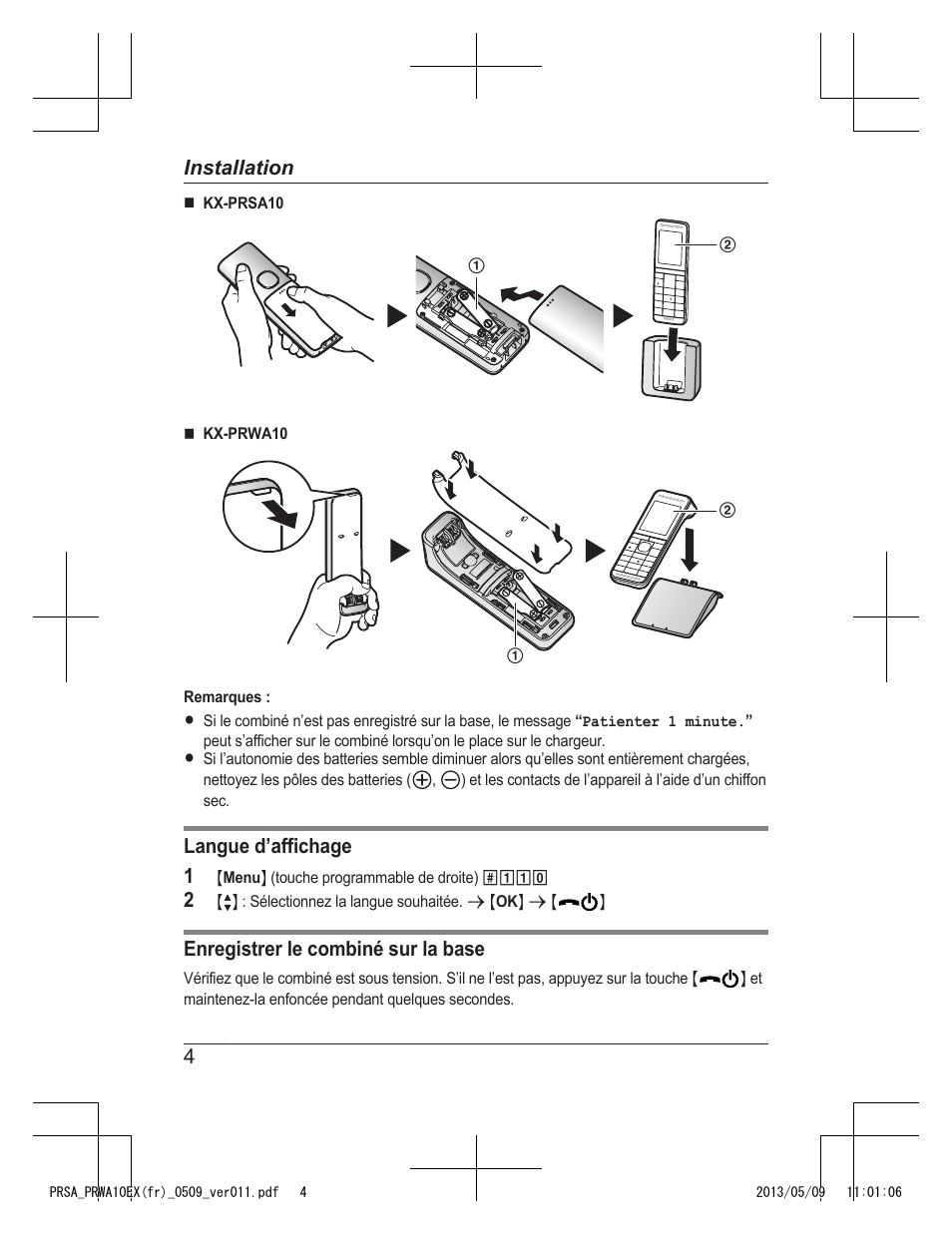 Langue d’affichage 1, Enregistrer le combiné sur la base, 4installation | Panasonic KXPRSA10EX User Manual | Page 20 / 116