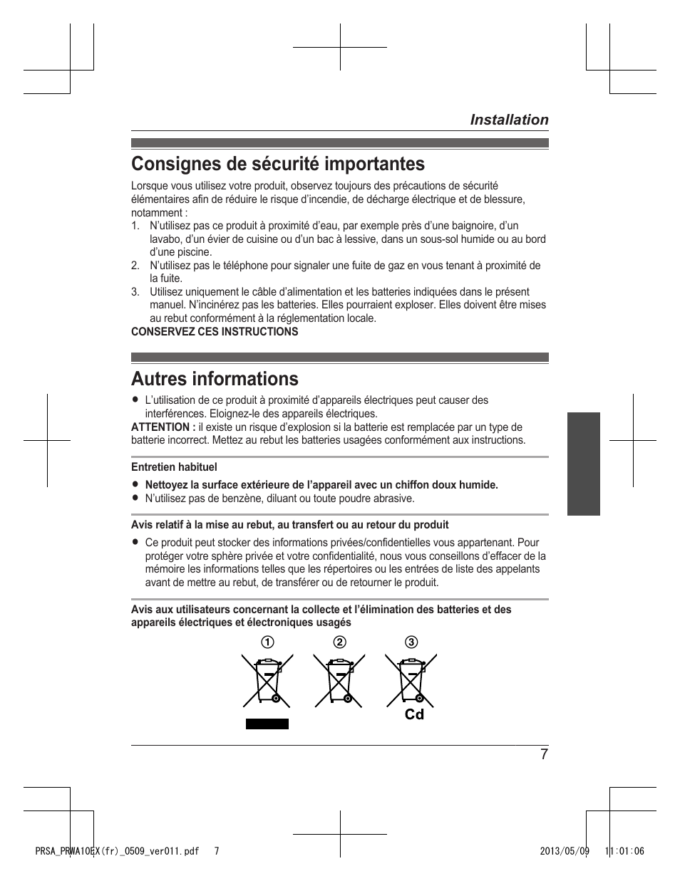 Consignes de sécurité importantes, Autres informations | Panasonic KXPRSA10EX User Manual | Page 23 / 116