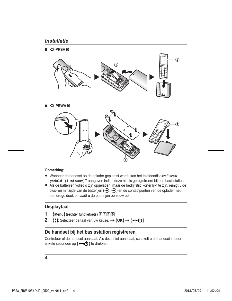 Displaytaal 1, De handset bij het basisstation registreren, 4installatie | Panasonic KXPRSA10EX User Manual | Page 28 / 116