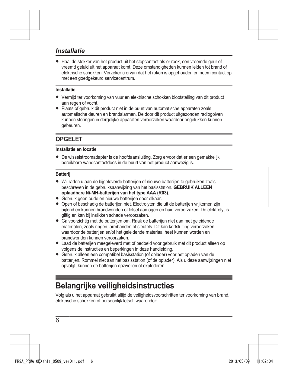 Belangrijke veiligheidsinstructies | Panasonic KXPRSA10EX User Manual | Page 30 / 116