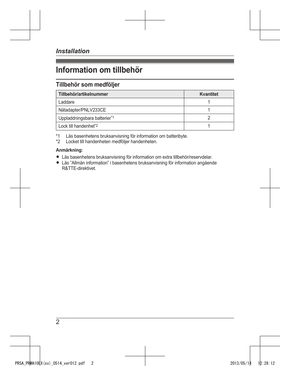 Installation, Information om tillbehör, Tillbehör som medföljer | 2installation | Panasonic KXPRSA10EX User Manual | Page 34 / 116