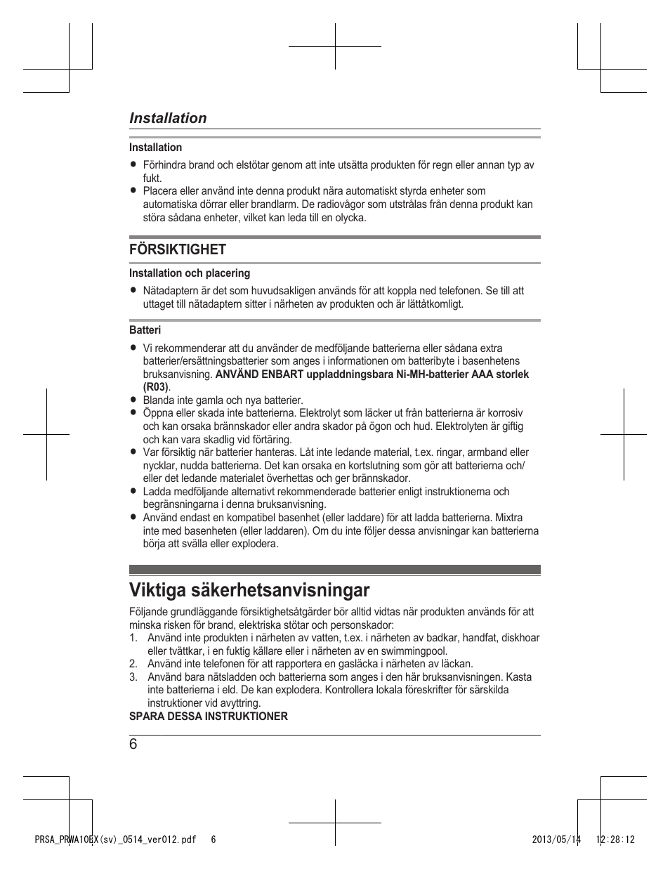 Viktiga säkerhetsanvisningar | Panasonic KXPRSA10EX User Manual | Page 38 / 116