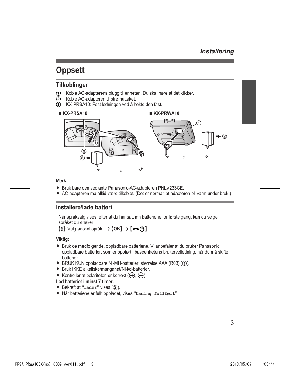 Oppsett | Panasonic KXPRSA10EX User Manual | Page 43 / 116