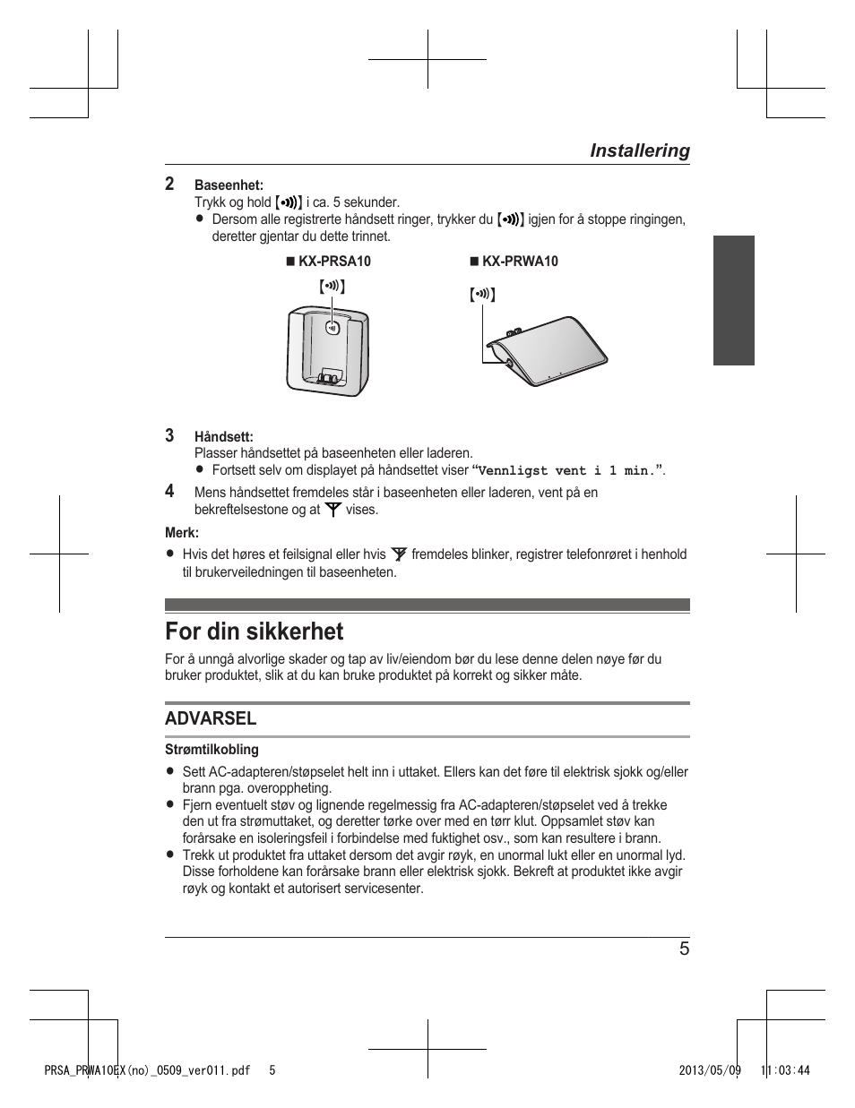 For din sikkerhet | Panasonic KXPRSA10EX User Manual | Page 45 / 116