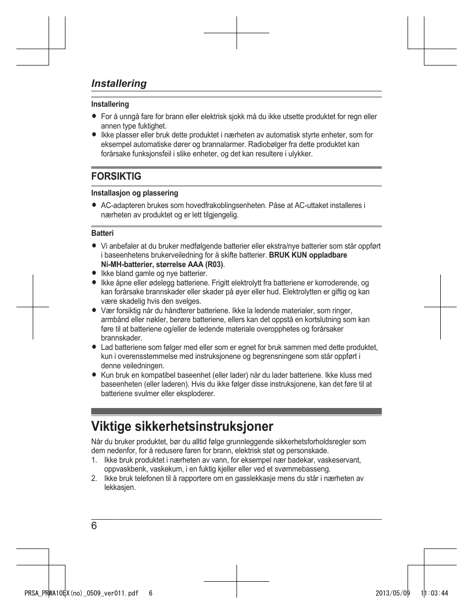 Viktige sikkerhetsinstruksjoner | Panasonic KXPRSA10EX User Manual | Page 46 / 116