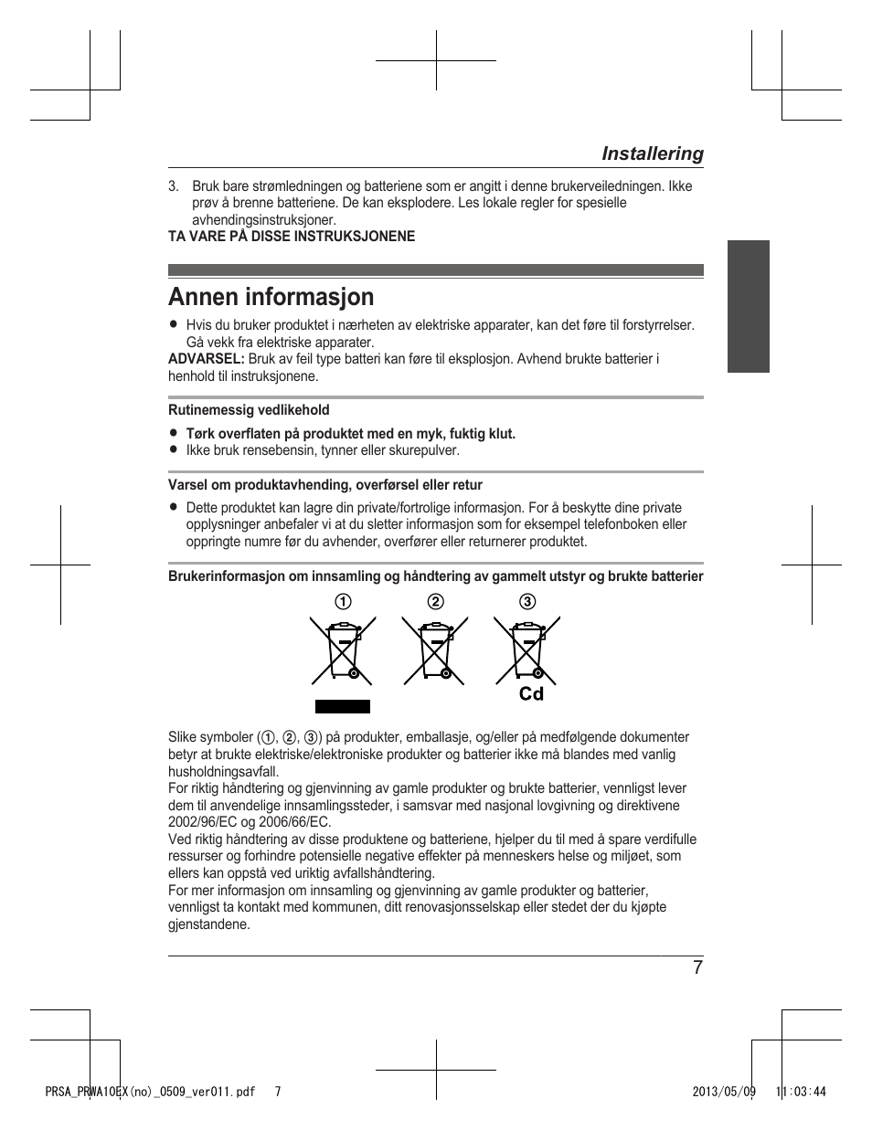 Annen informasjon | Panasonic KXPRSA10EX User Manual | Page 47 / 116