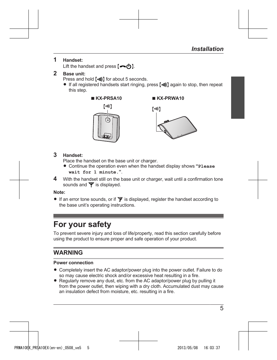 For your safety | Panasonic KXPRSA10EX User Manual | Page 5 / 116