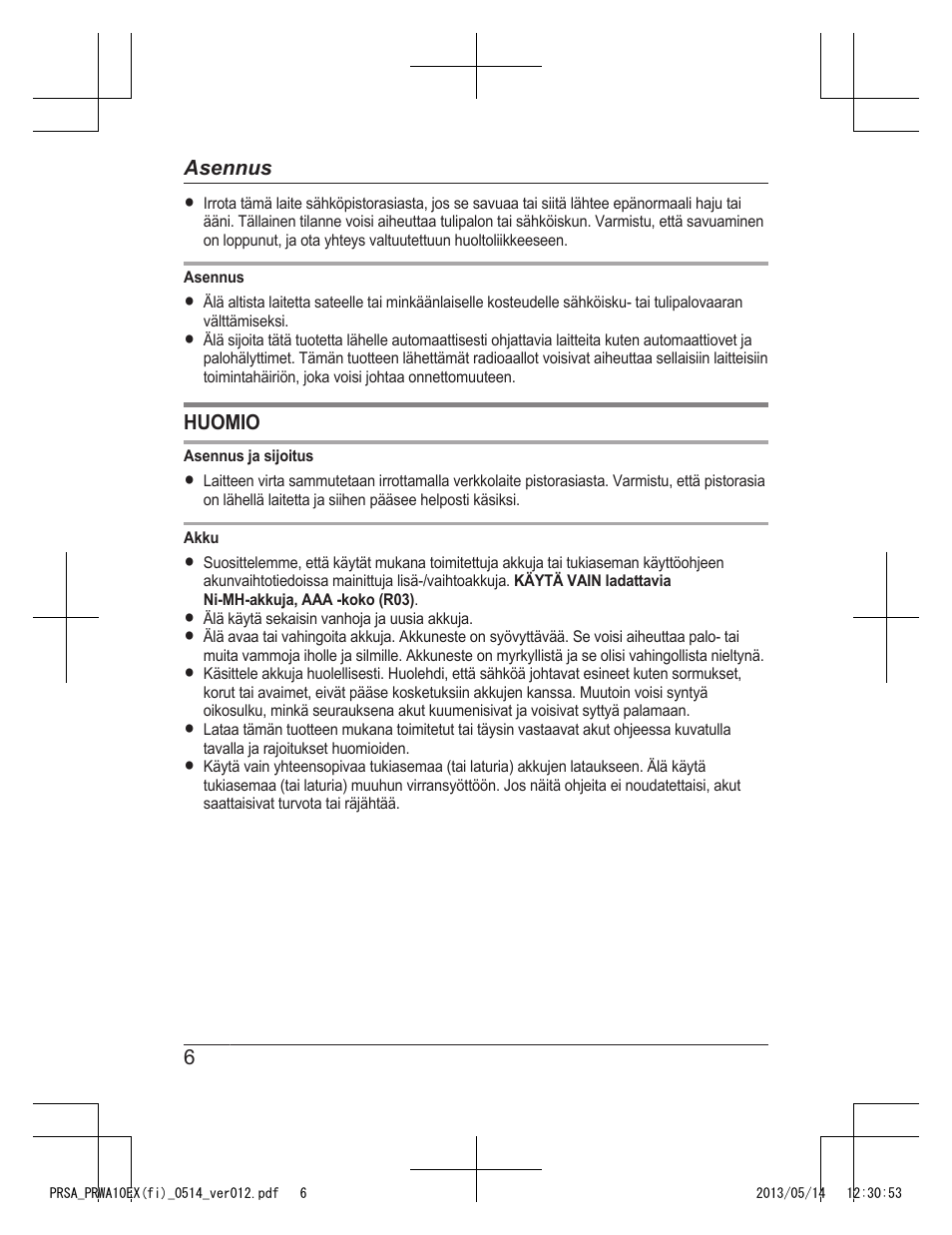 Huomio, 6asennus | Panasonic KXPRSA10EX User Manual | Page 54 / 116