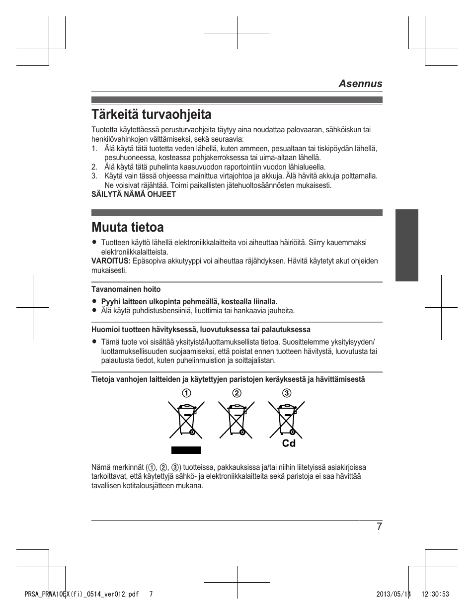 Tärkeitä turvaohjeita, Muuta tietoa | Panasonic KXPRSA10EX User Manual | Page 55 / 116