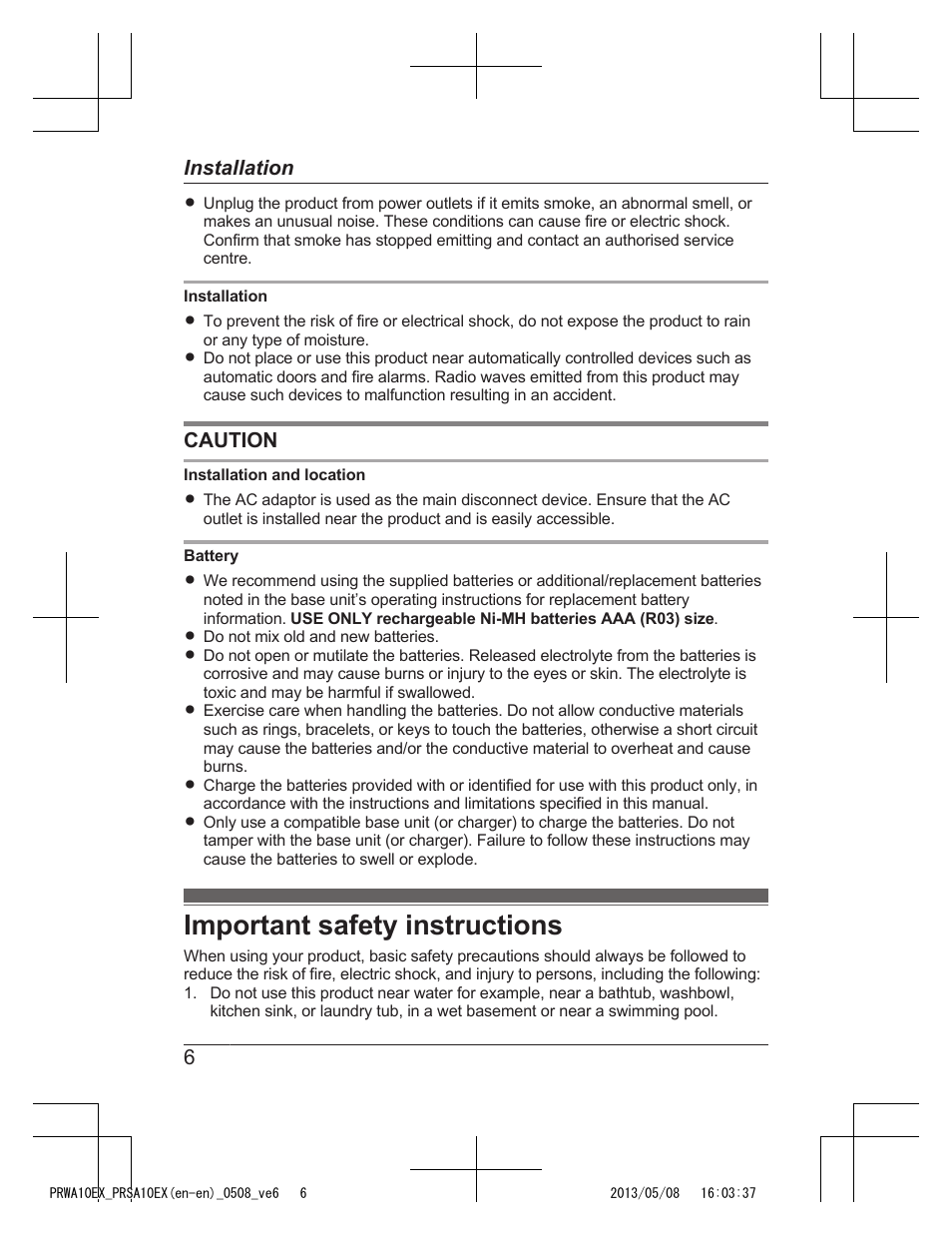 Important safety instructions | Panasonic KXPRSA10EX User Manual | Page 6 / 116