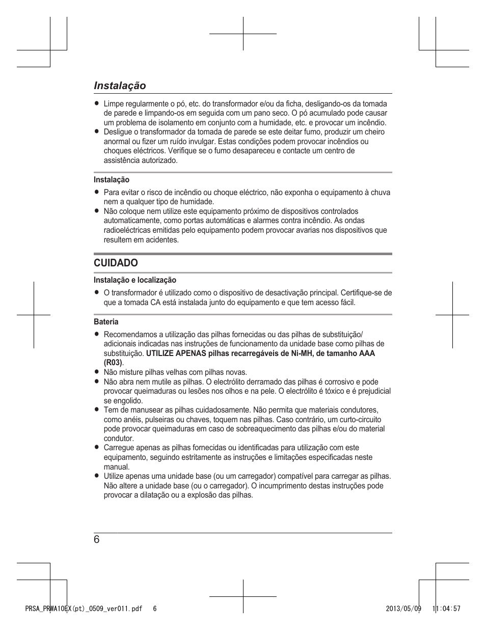 Cuidado, 6instalação | Panasonic KXPRSA10EX User Manual | Page 62 / 116