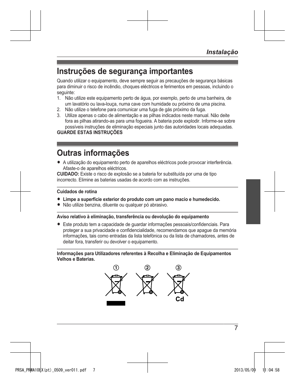 Instruções de segurança importantes, Outras informações | Panasonic KXPRSA10EX User Manual | Page 63 / 116