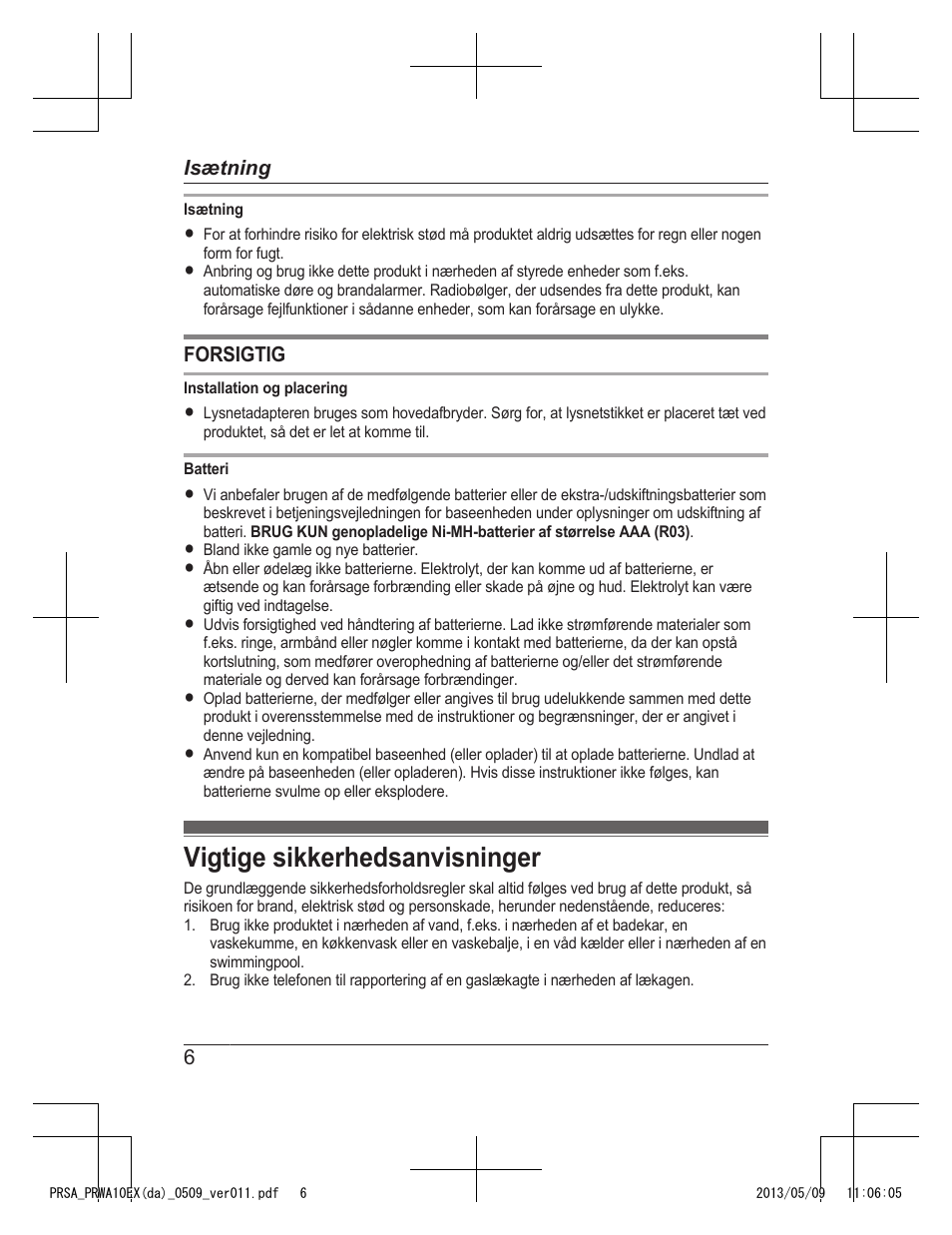 Vigtige sikkerhedsanvisninger | Panasonic KXPRSA10EX User Manual | Page 78 / 116