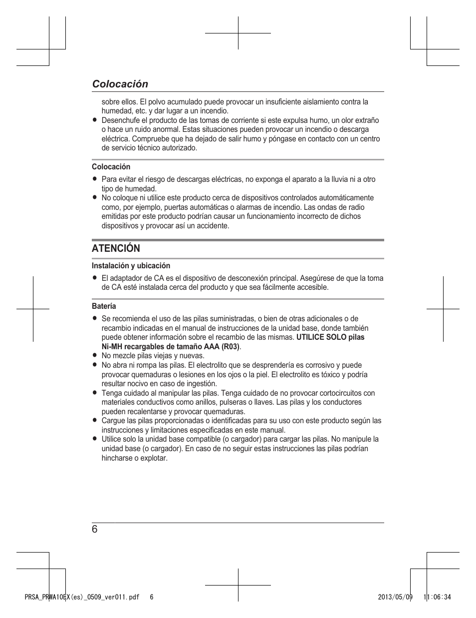 Atención, 6colocación | Panasonic KXPRSA10EX User Manual | Page 86 / 116