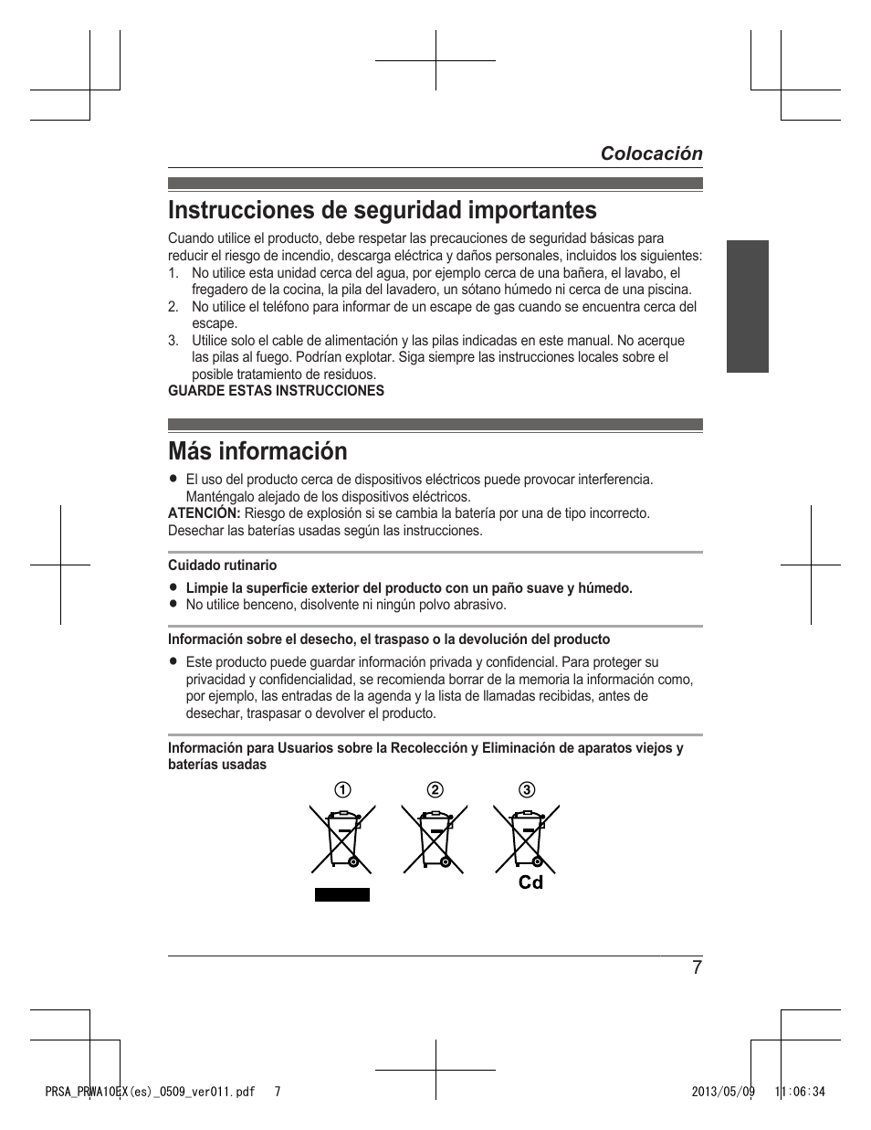 Instrucciones de seguridad importantes, Más información | Panasonic KXPRSA10EX User Manual | Page 87 / 116