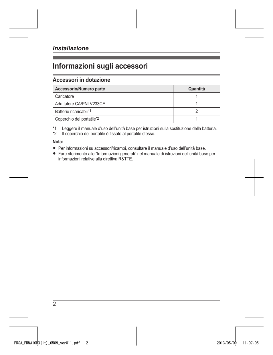 Installazione, Informazioni sugli accessori, Accessori in dotazione | 2installazione | Panasonic KXPRSA10EX User Manual | Page 90 / 116