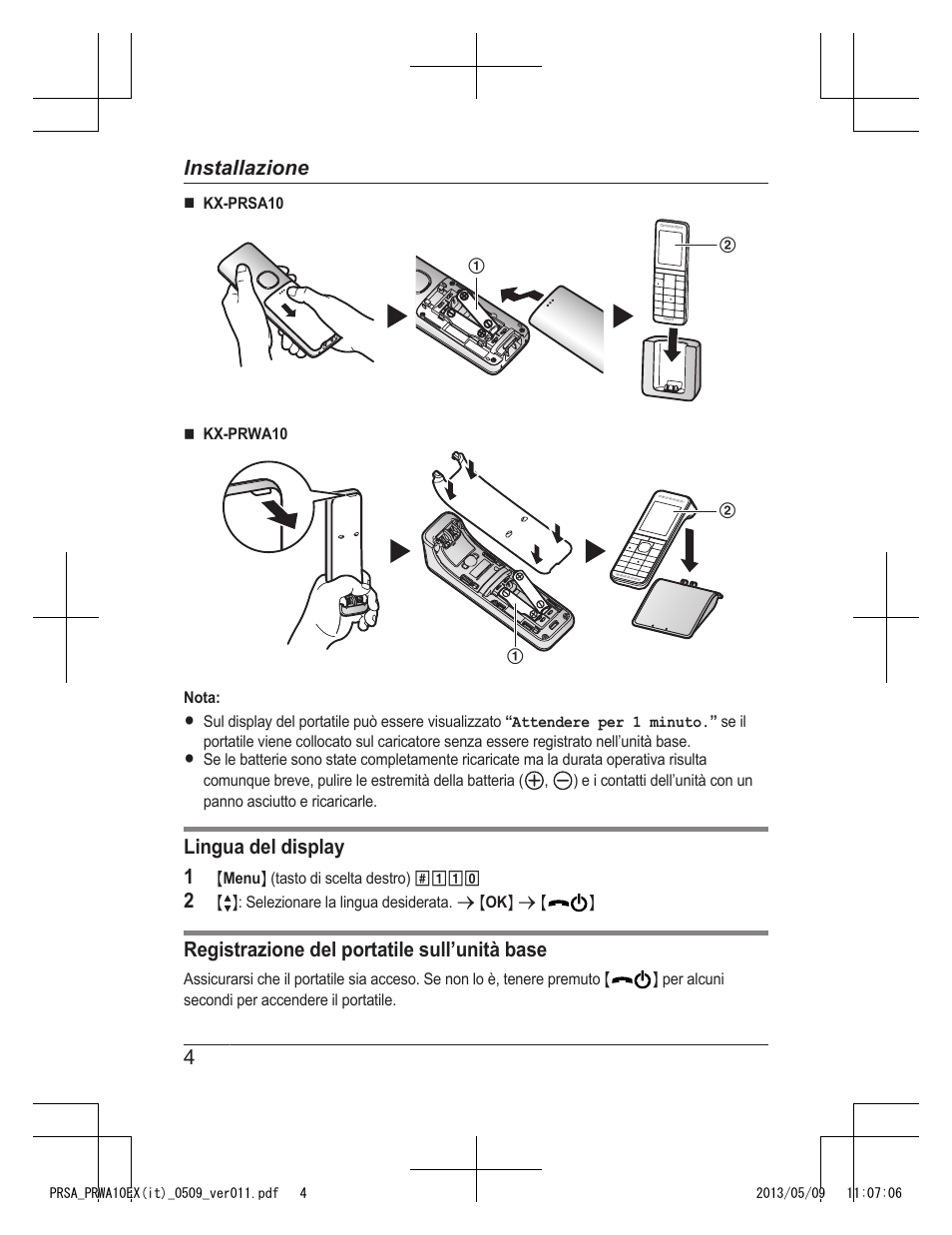 Lingua del display 1, Registrazione del portatile sull’unità base, 4installazione | Panasonic KXPRSA10EX User Manual | Page 92 / 116