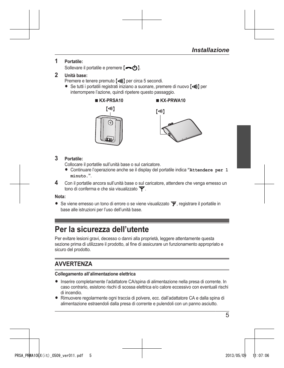 Per la sicurezza dell’utente | Panasonic KXPRSA10EX User Manual | Page 93 / 116