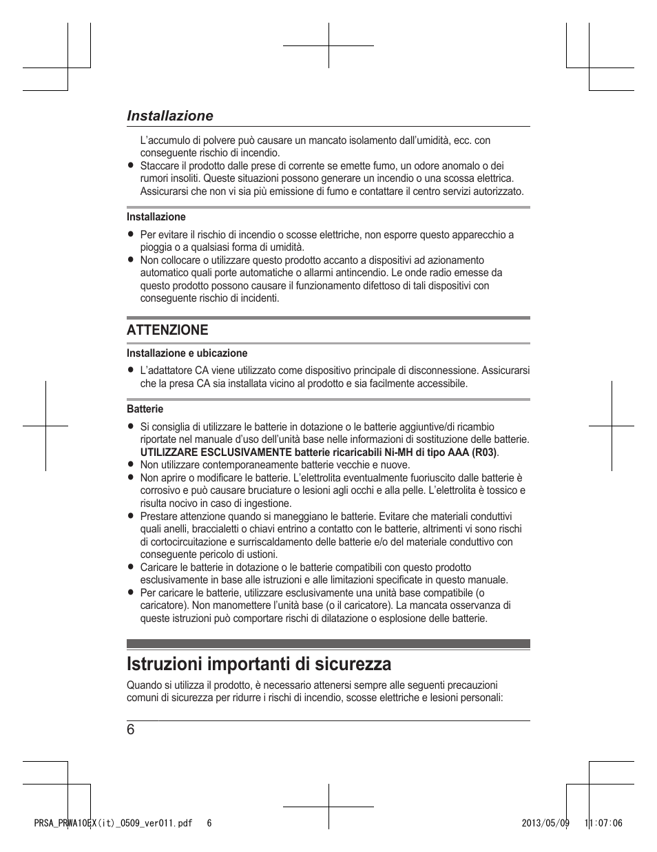 Istruzioni importanti di sicurezza | Panasonic KXPRSA10EX User Manual | Page 94 / 116