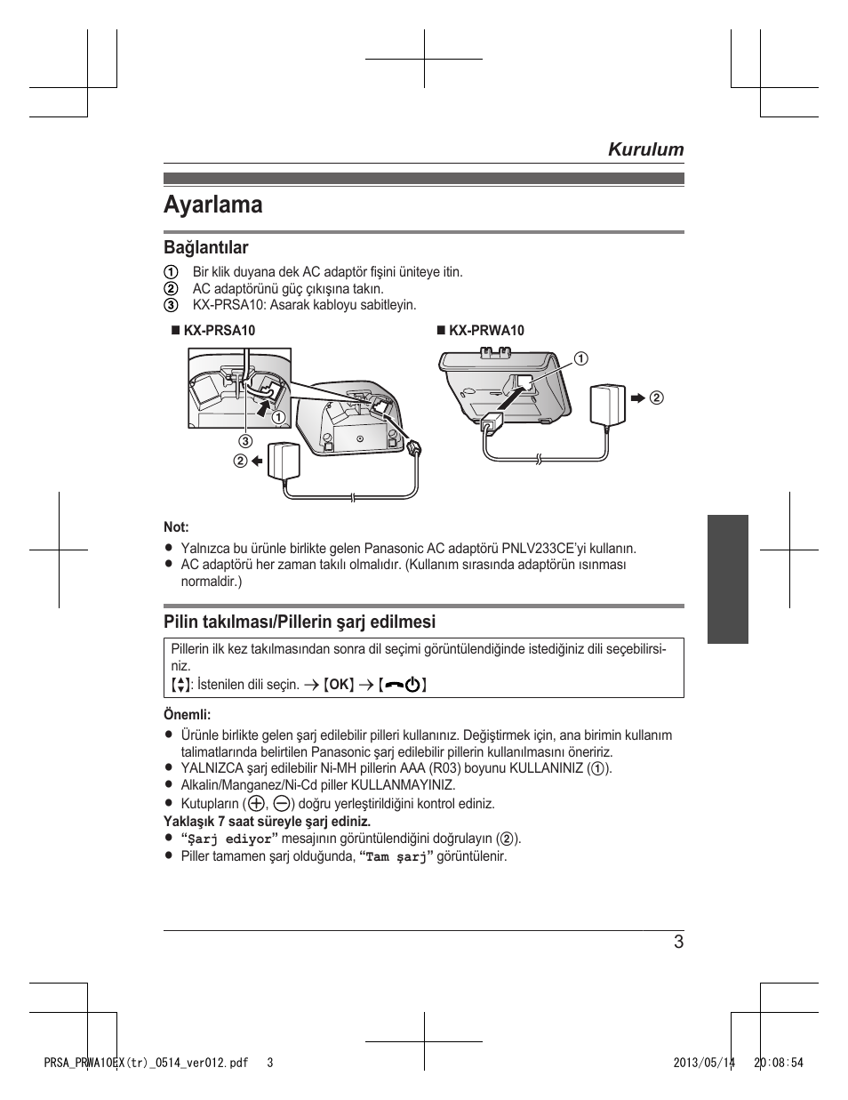 Ayarlama | Panasonic KXPRSA10EX User Manual | Page 99 / 116