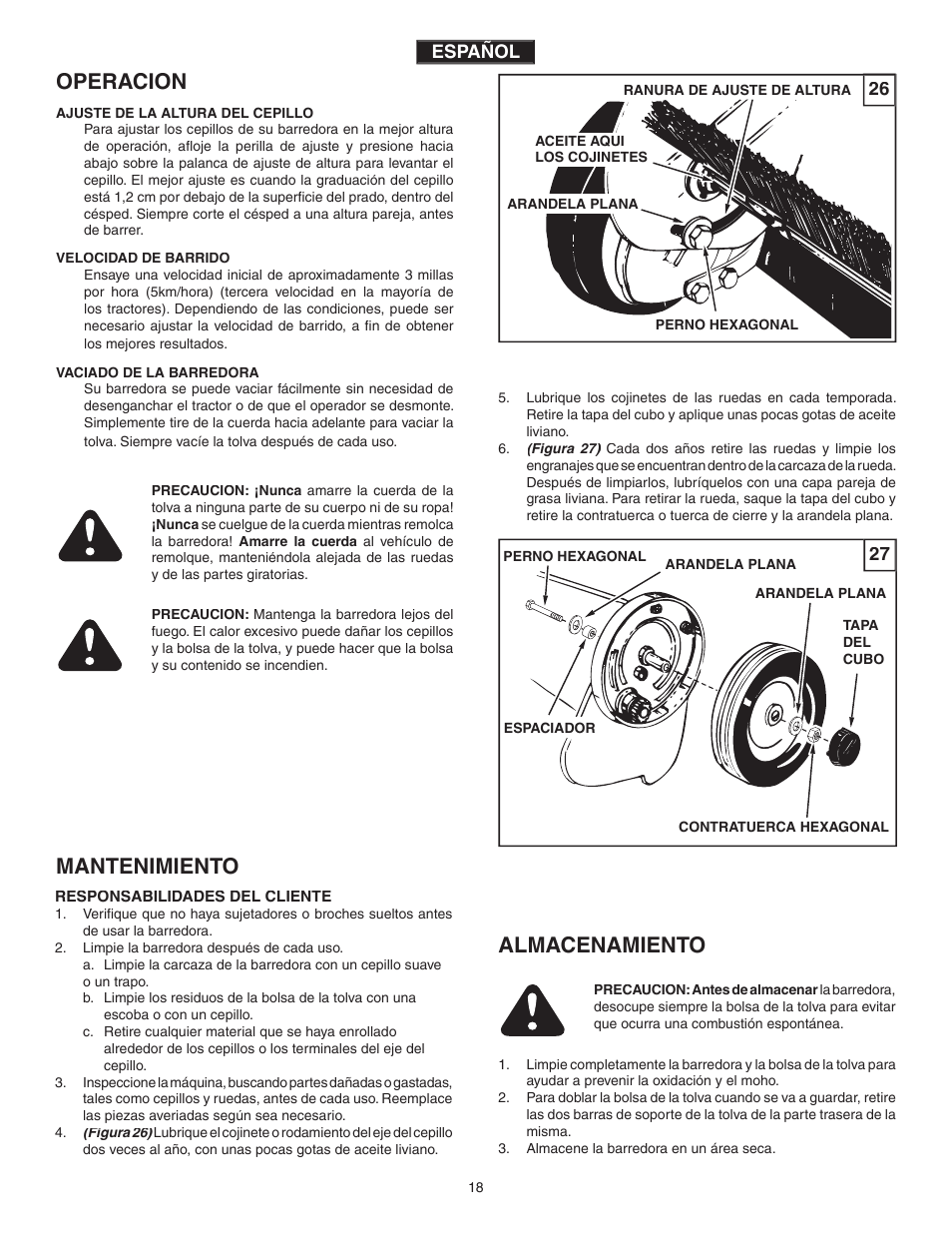 Mantenimiento, Operacion, Almacenamiento | Agri-Fab 45-0320 User Manual | Page 18 / 28