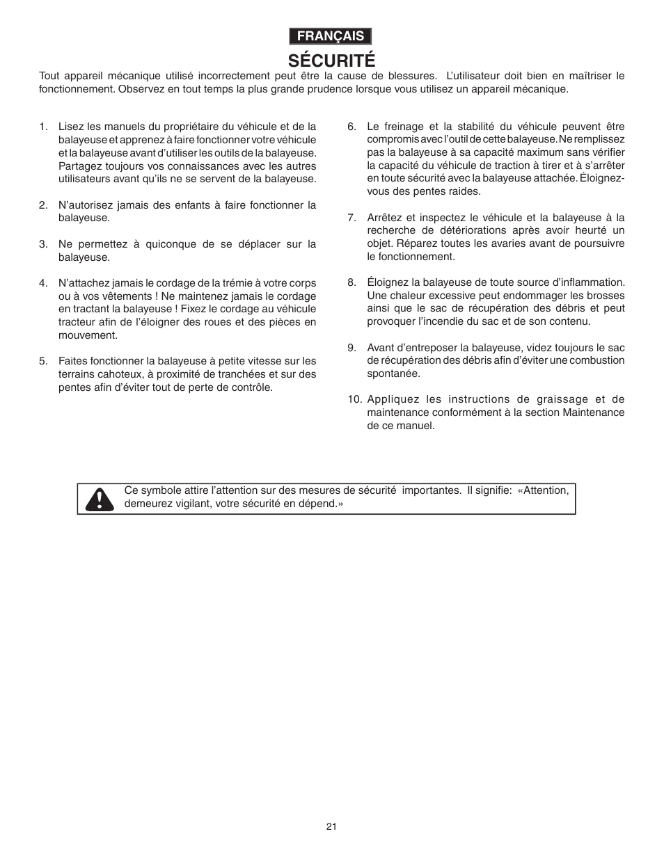 Sécurité | Agri-Fab 45-0320 User Manual | Page 21 / 28