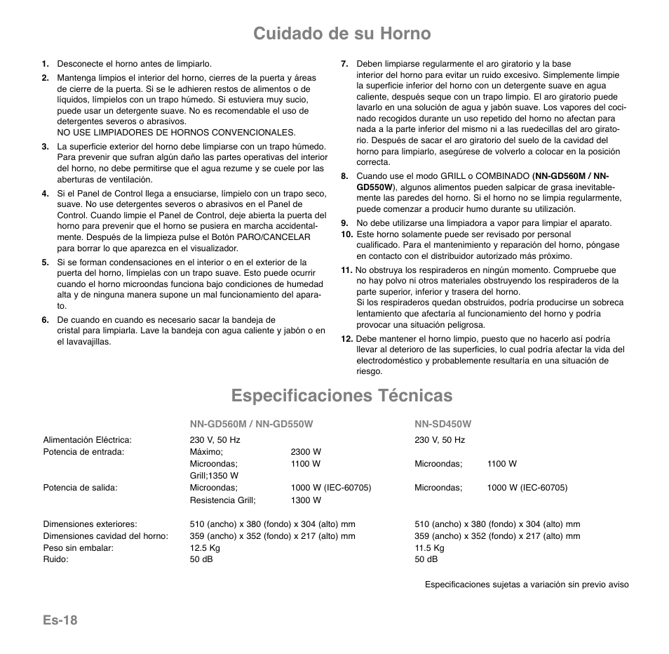 Cuidado de su horno, Especificaciones técnicas, Es-18 | Panasonic NNGD560MEPG User Manual | Page 115 / 193