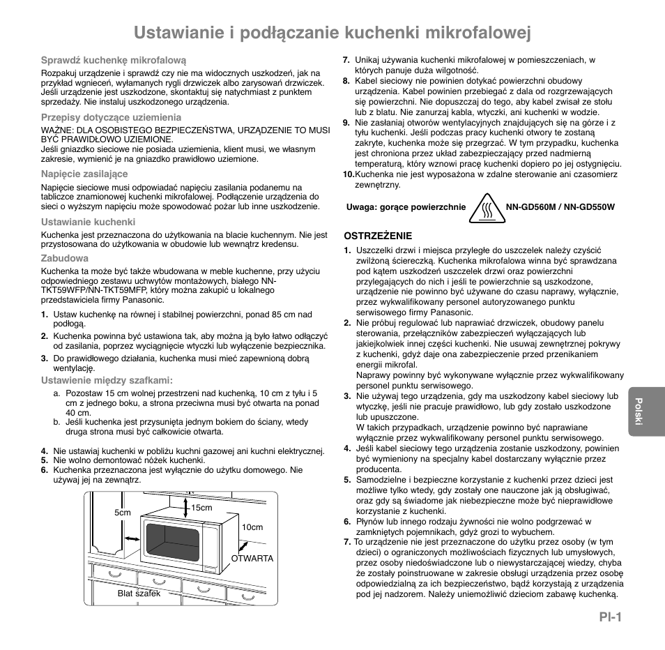 Ustawianie i podłączanie kuchenki mikrofalowej, Pl-1 | Panasonic NNGD560MEPG User Manual | Page 117 / 193