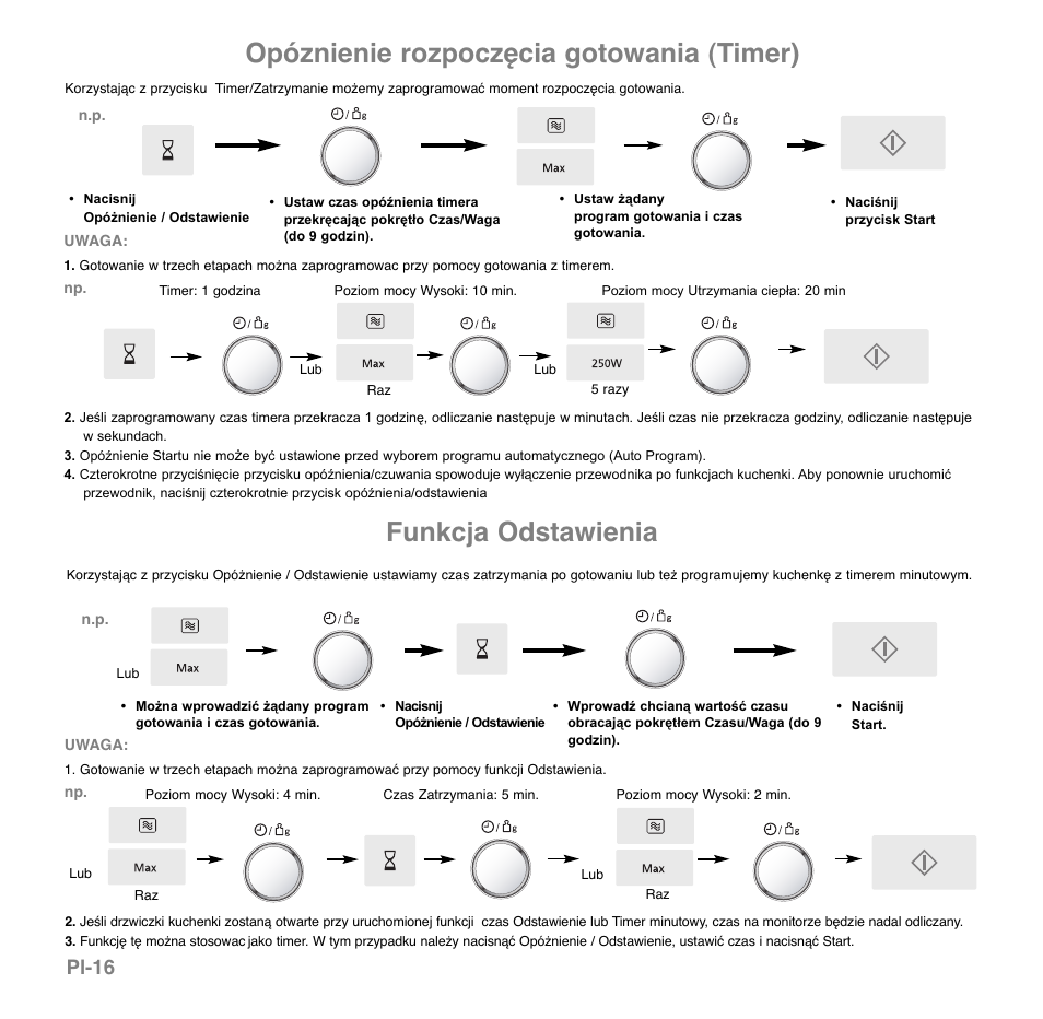 Opóznienie rozpoczęcia gotowania (timer), Funkcja odstawienia, Pl-16 | Panasonic NNGD560MEPG User Manual | Page 132 / 193