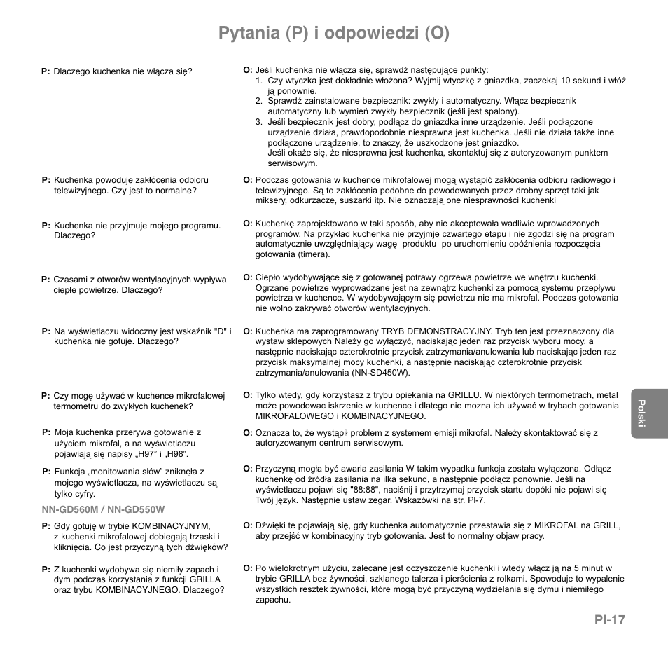 Pytania (p) i odpowiedzi (o), Pl-17 | Panasonic NNGD560MEPG User Manual | Page 133 / 193