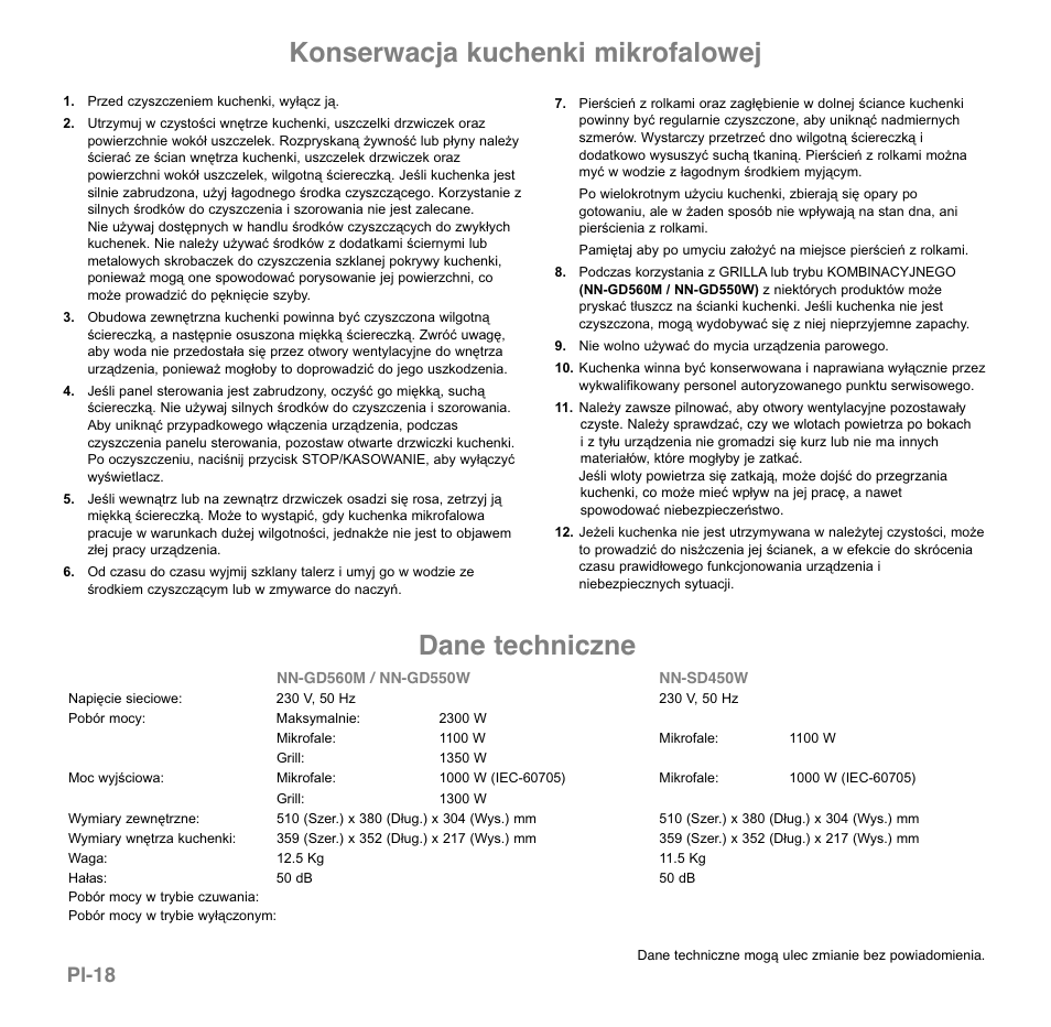 Konserwacja kuchenki mikrofalowej, Dane techniczne, Pl-18 | Panasonic NNGD560MEPG User Manual | Page 134 / 193