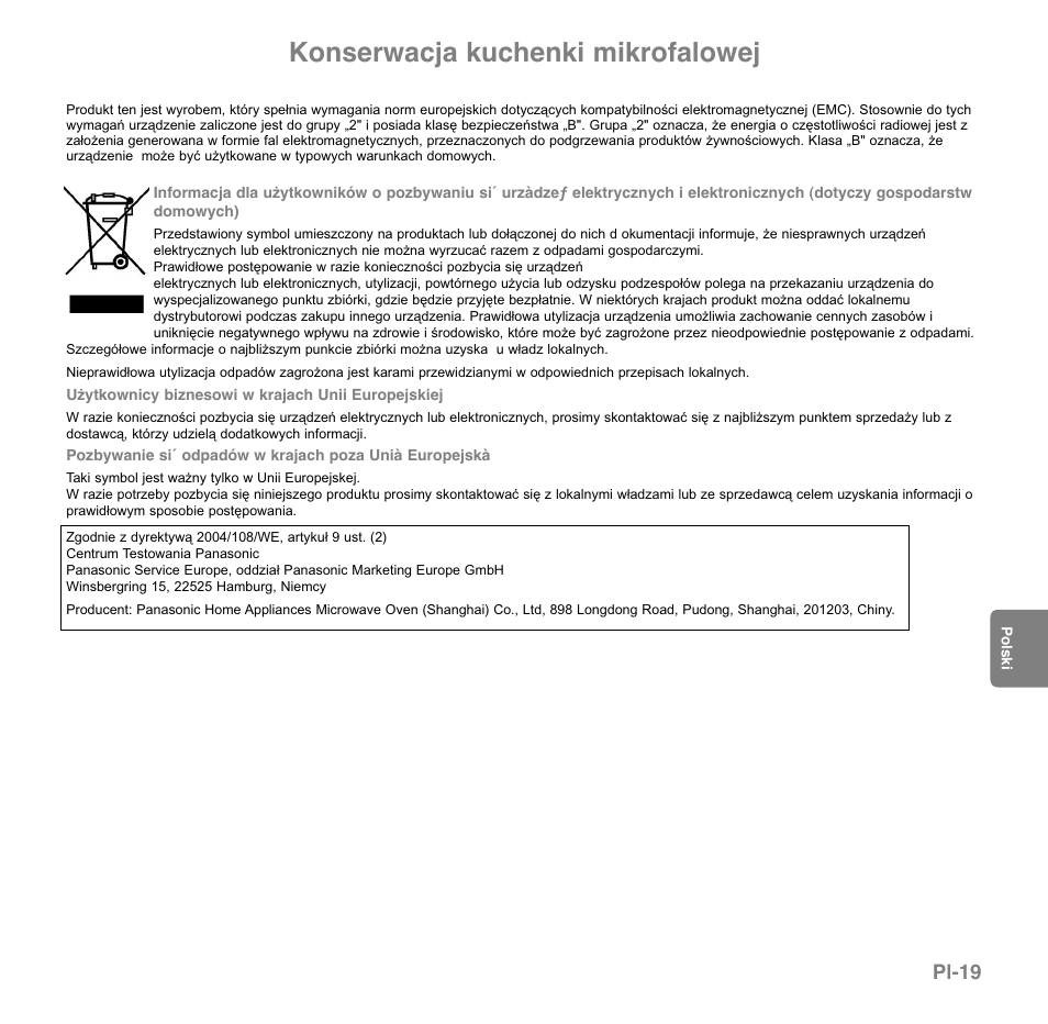 Konserwacja kuchenki mikrofalowej, Pl-19 | Panasonic NNGD560MEPG User Manual | Page 135 / 193