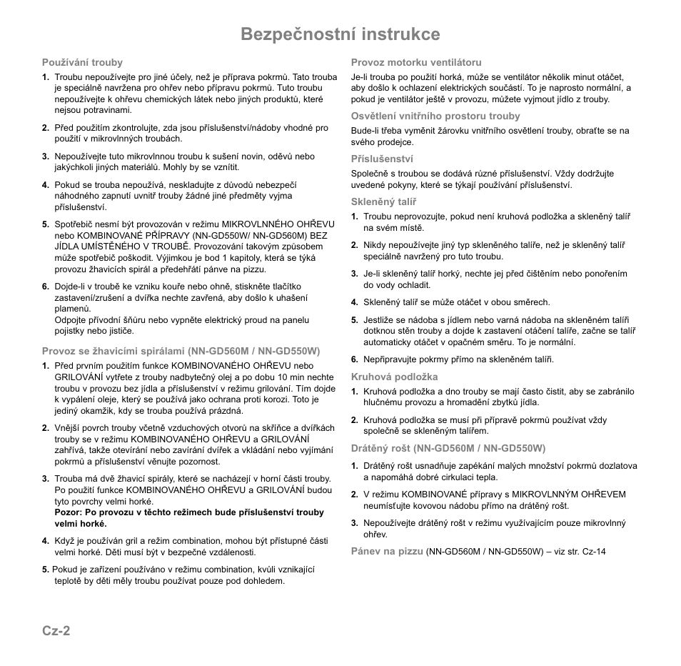 Bezpečnostní instrukce, Cz-2 | Panasonic NNGD560MEPG User Manual | Page 137 / 193